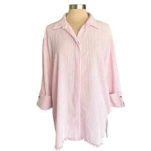 Umgee Pink & White Stripe Oversized Button Down Tunic Top MED Boho Lagenlook